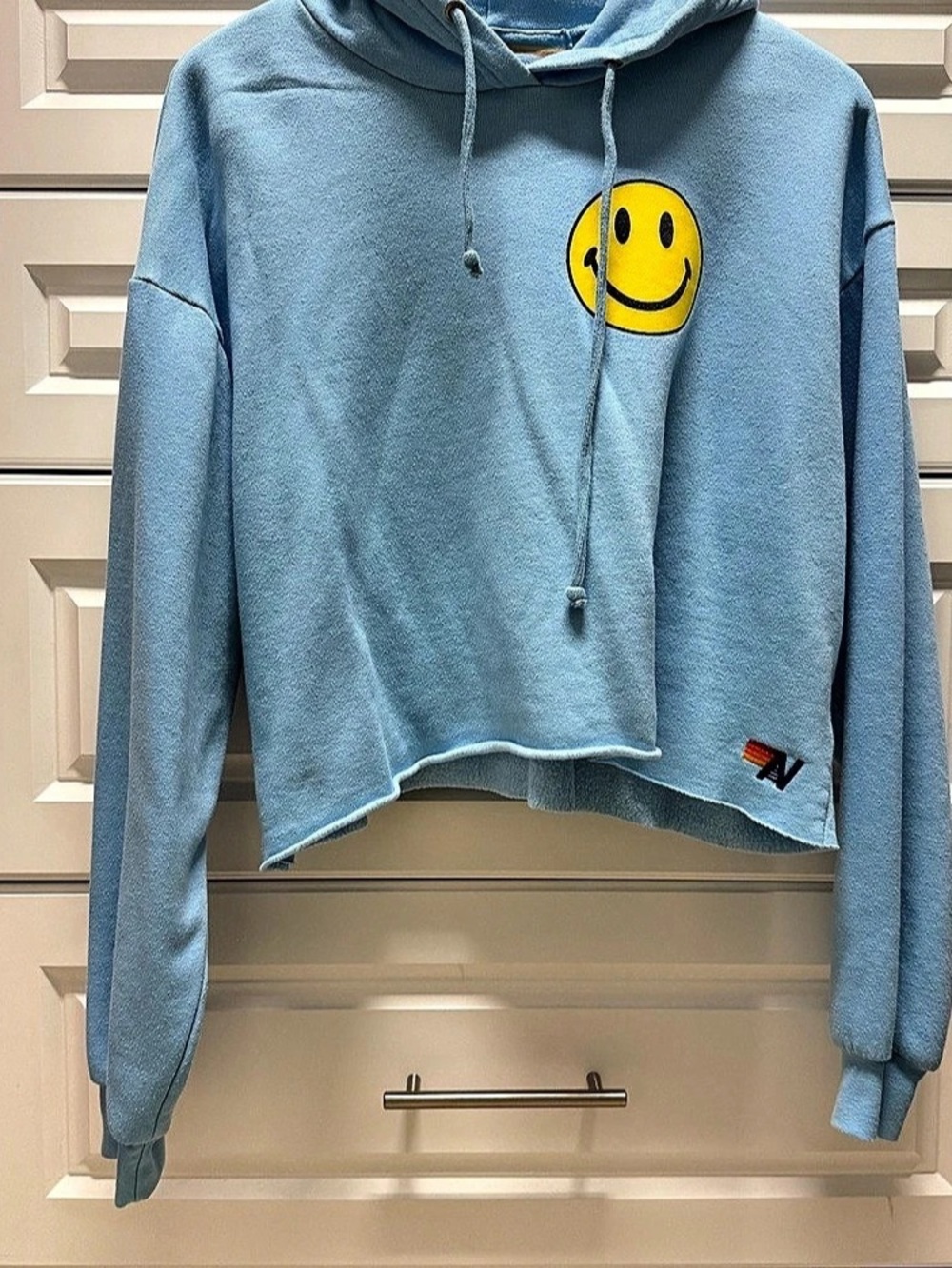 Aviator Nation Smiley Crop Pullover Hoodie Blue & Yellow Small - EUC